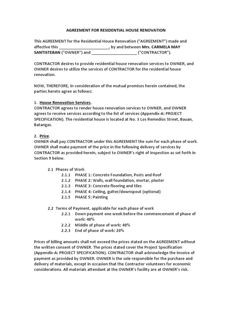 sample renovation agreement template sample renovation agreement template