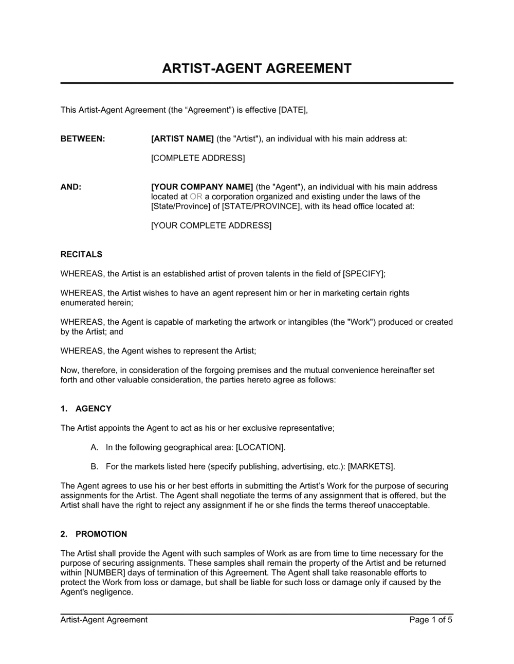 sample artist agreement template sample artist agreement template