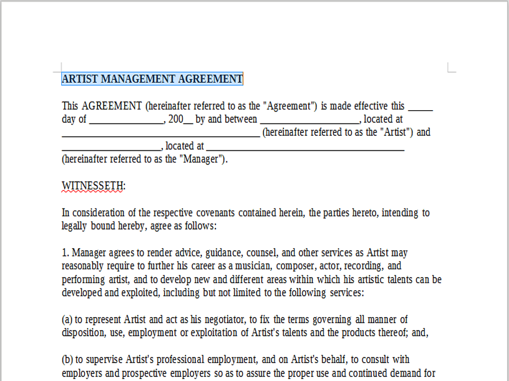 sample Talent Management Agreement Template sample Talent Management Agreement Template