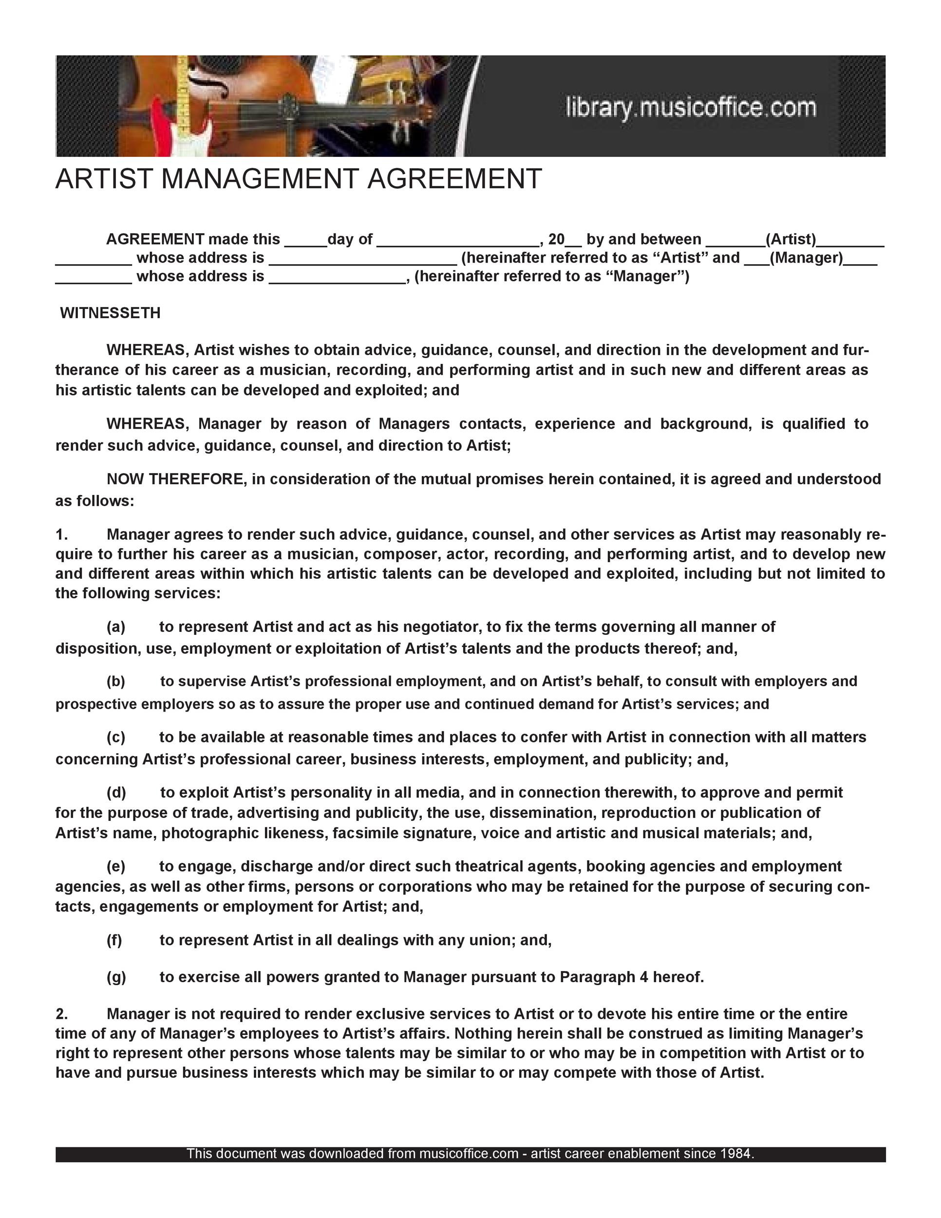 sample Talent Management Agreement Template sample Talent Management Agreement Template