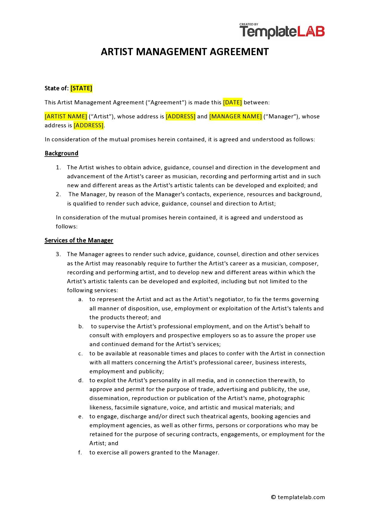 sample Talent Management Agreement Template sample Talent Management Agreement Template