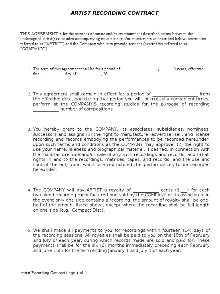 sample recording agreement template sample recording agreement template