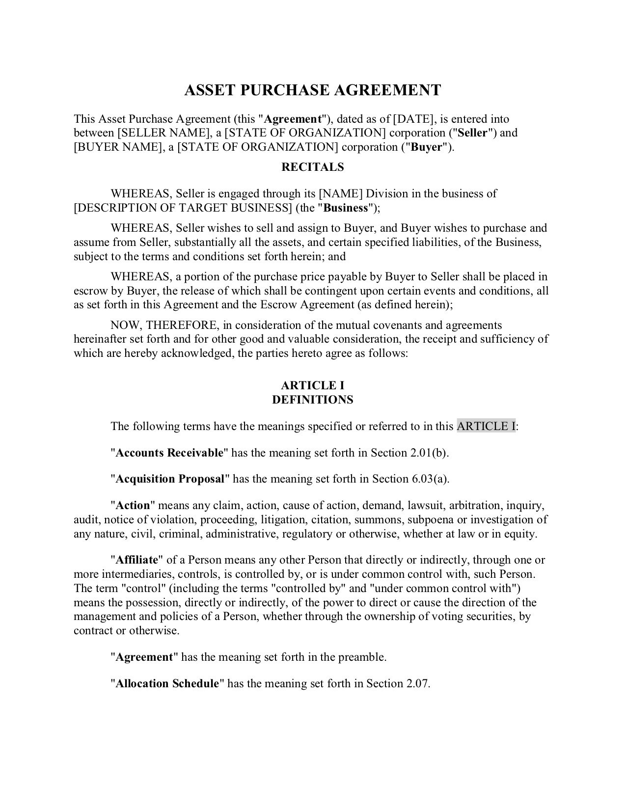 sample asset purchase agreement template sample asset purchase agreement template
