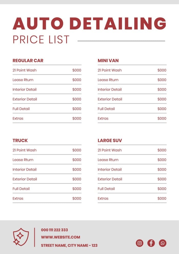 auto detailing price sheet template auto detailing price sheet template