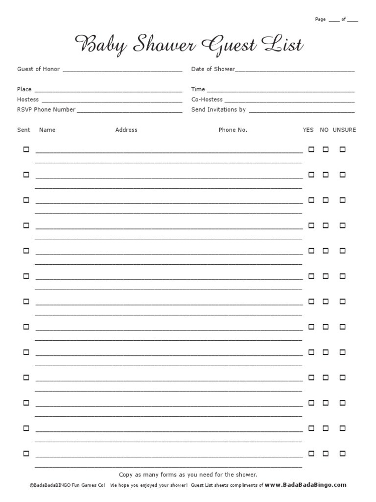 Baby Shower Guest List Template PDF Baby Shower Guest List Template PDF