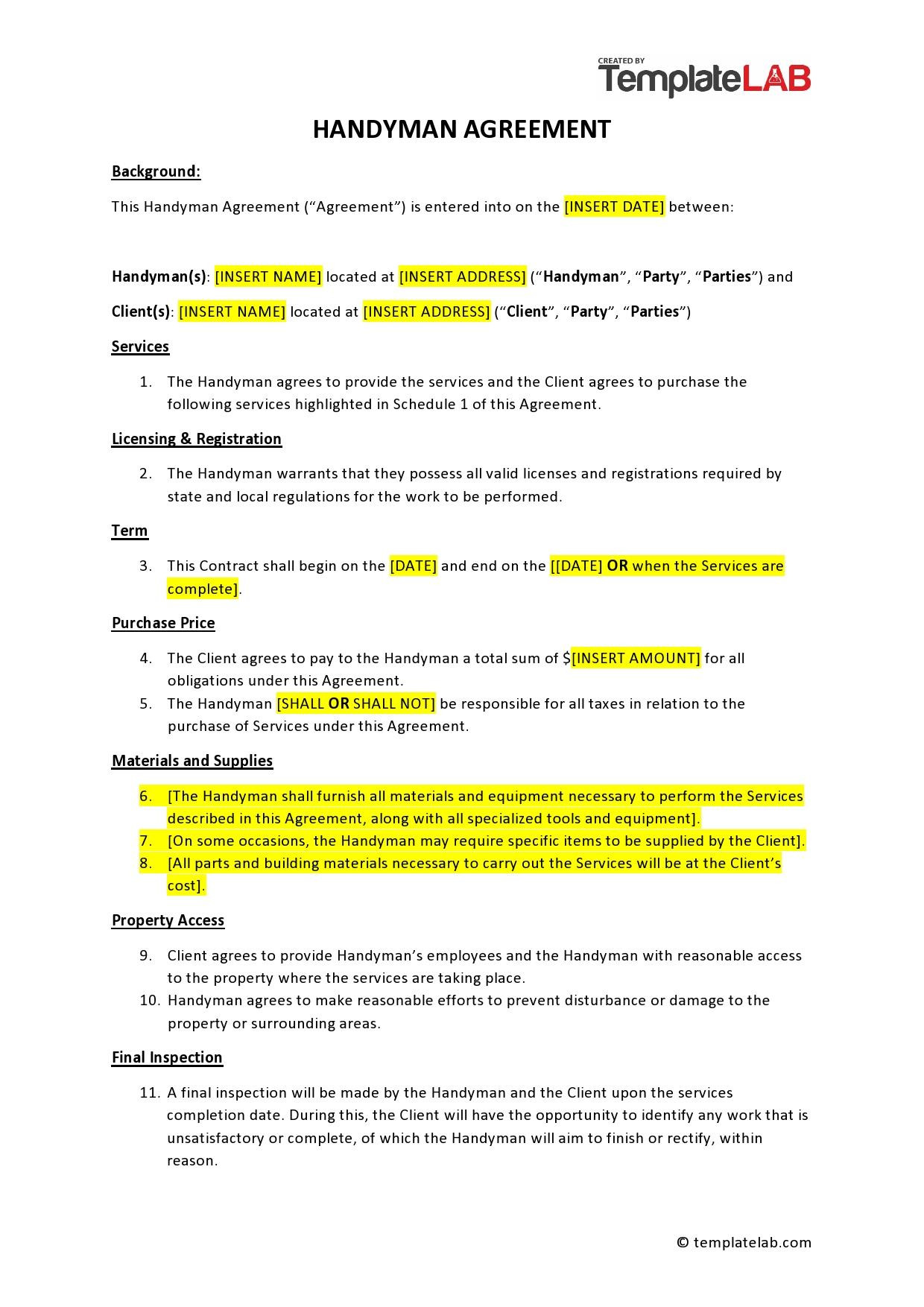 sample handyman agreement template sample handyman agreement template