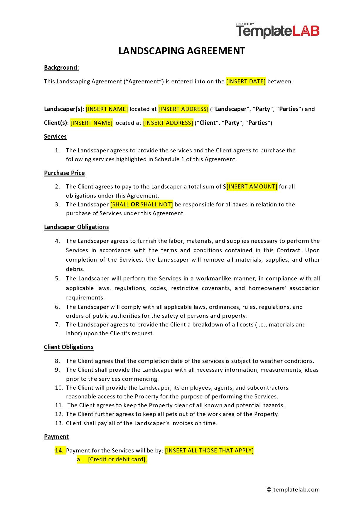 sample landscape contract agreement template sample landscape contract agreement template