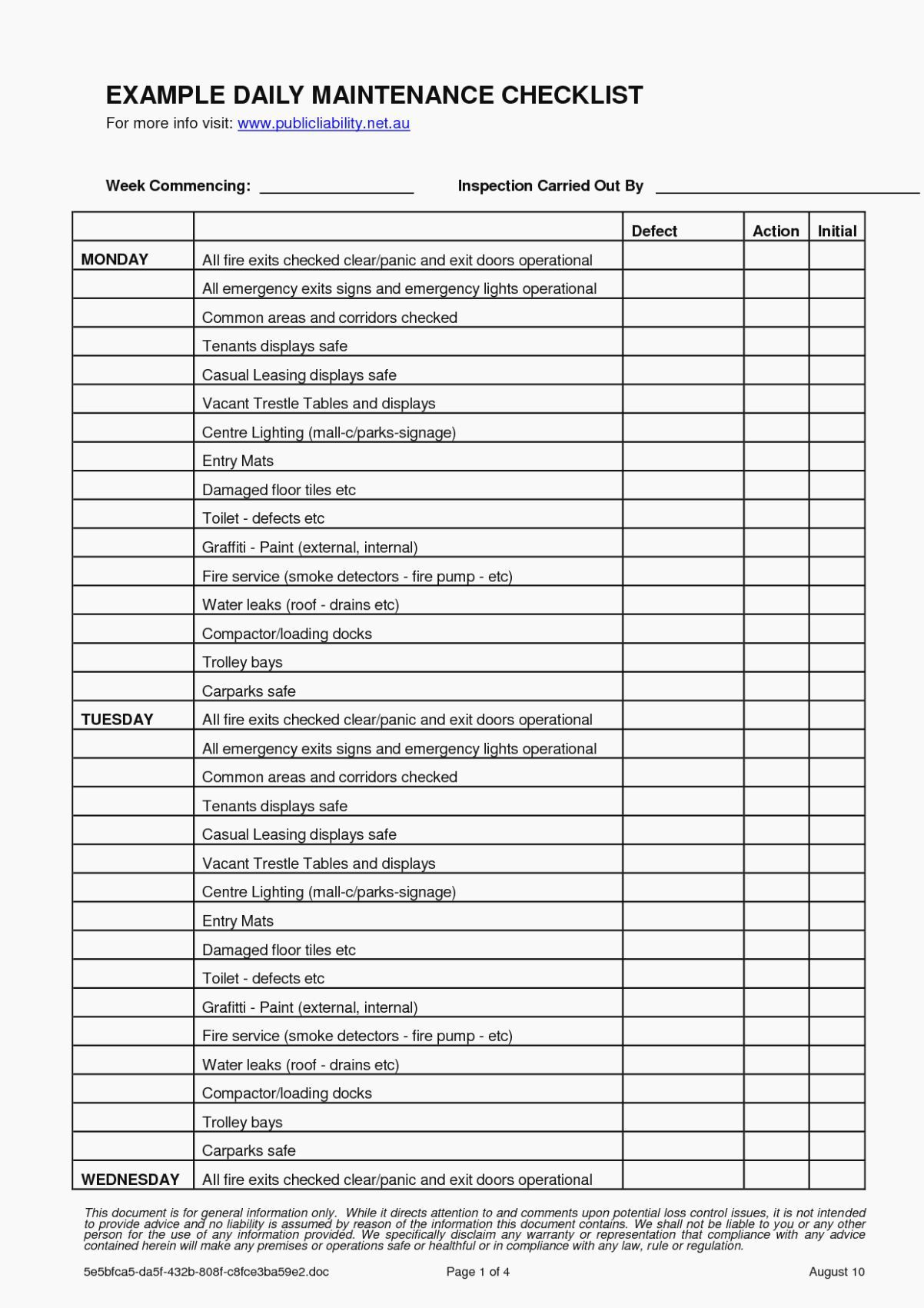sample preventive maintenance checklist template sample preventive maintenance checklist template