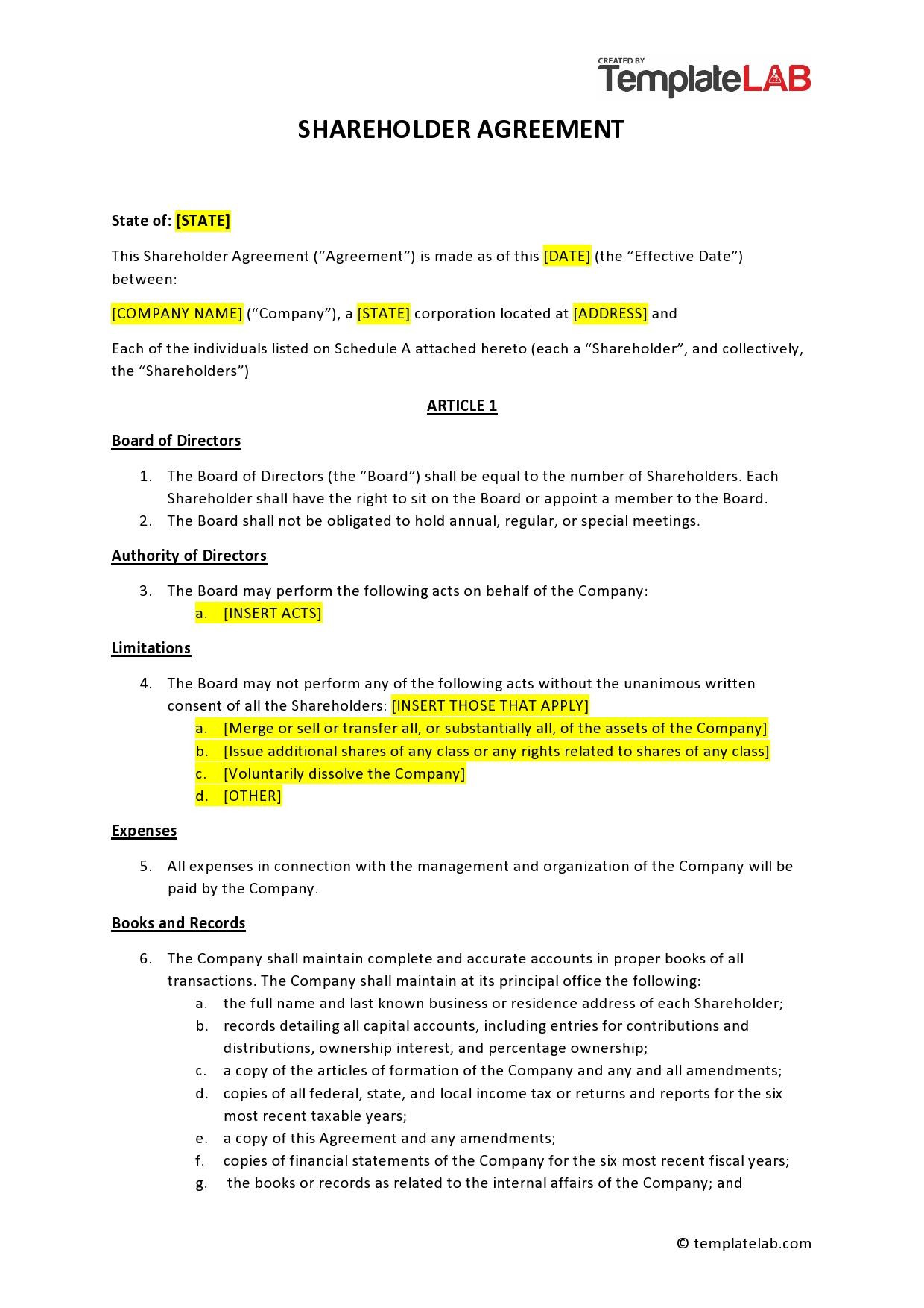 sample Shareholders Agreement Template sample Shareholders Agreement Template