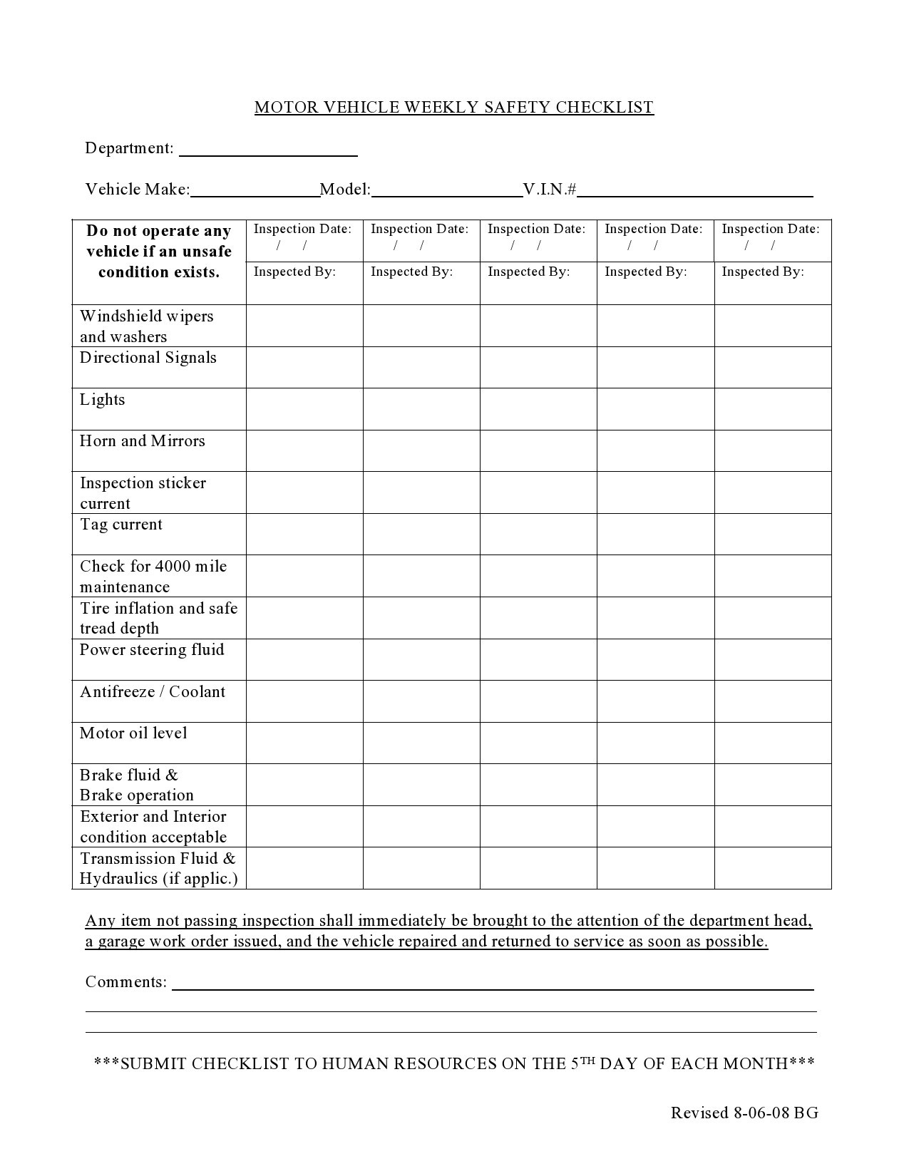 sample fleet vehicle checklist template sample fleet vehicle checklist template