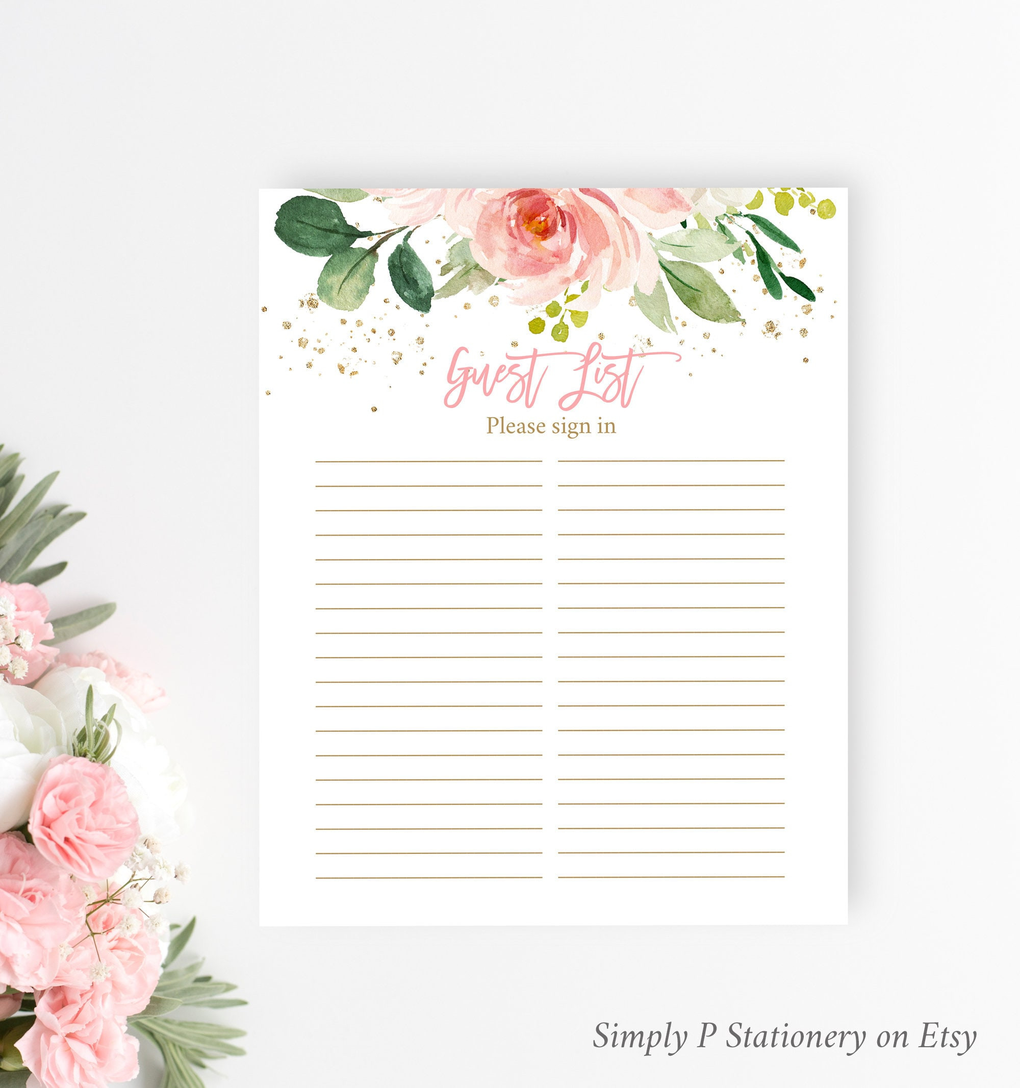 Blush Gold Floral Guest List Printable Sheet, Bridal Shower Guest List, Pink Sign in Sheet, Pink Girl Baby Shower Guest List, Download -W Blush Gold Floral Guest List Printable Sheet, Bridal Shower Guest List, Pink Sign in Sheet, Pink Girl Baby Shower Guest List, Download -W