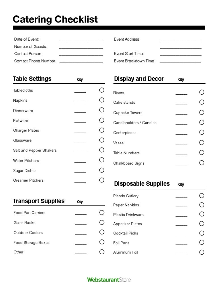 sample catering checklist template sample catering checklist template