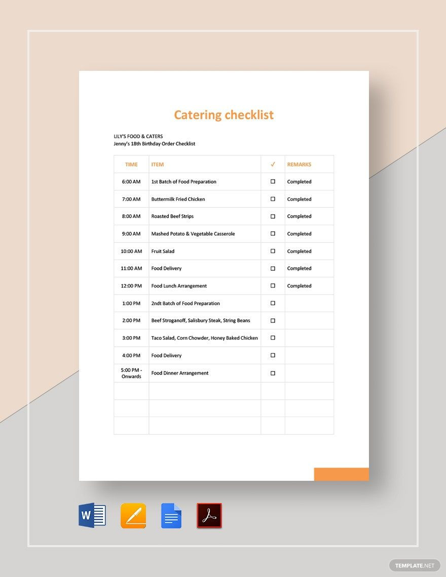 sample catering checklist template sample catering checklist template