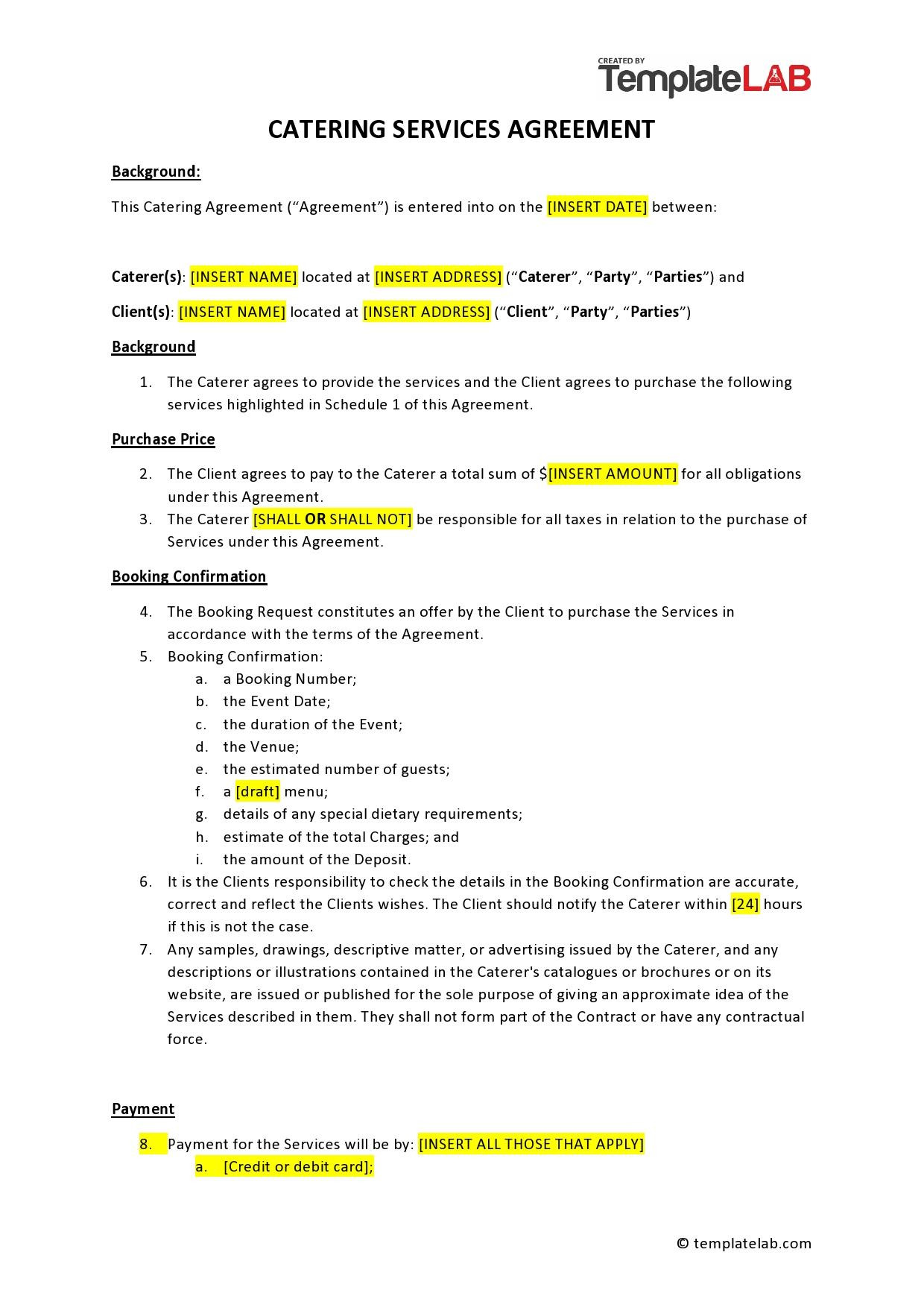 sample catering agreement template sample catering agreement template