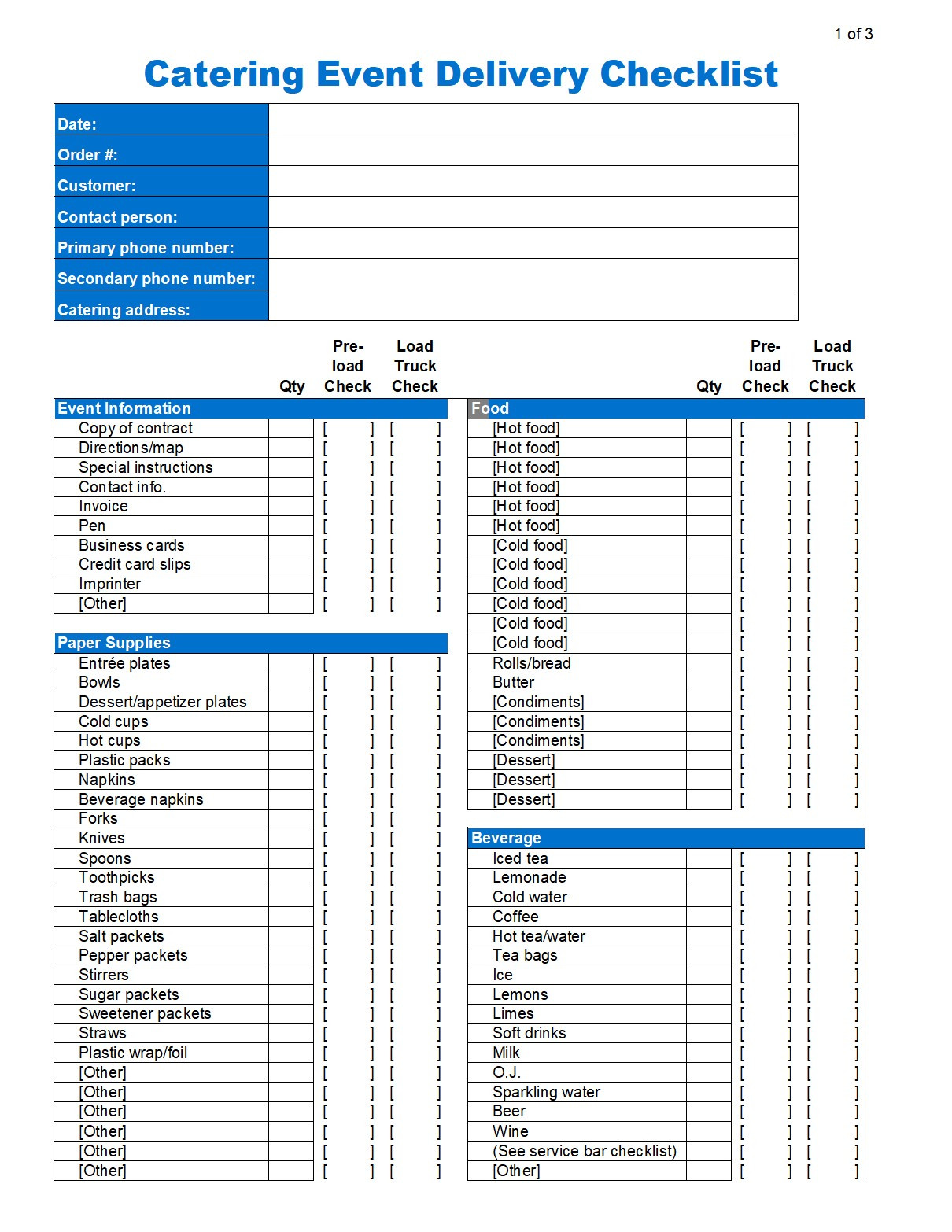 sample catering checklist template sample catering checklist template