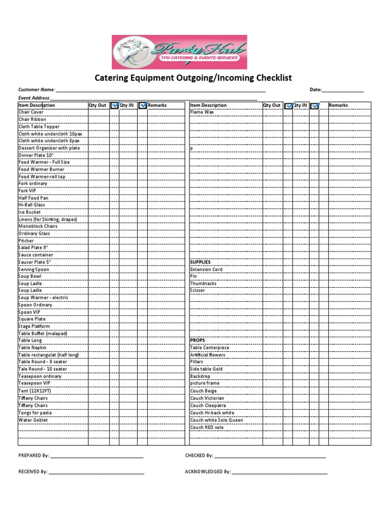 sample catering checklist template sample catering checklist template