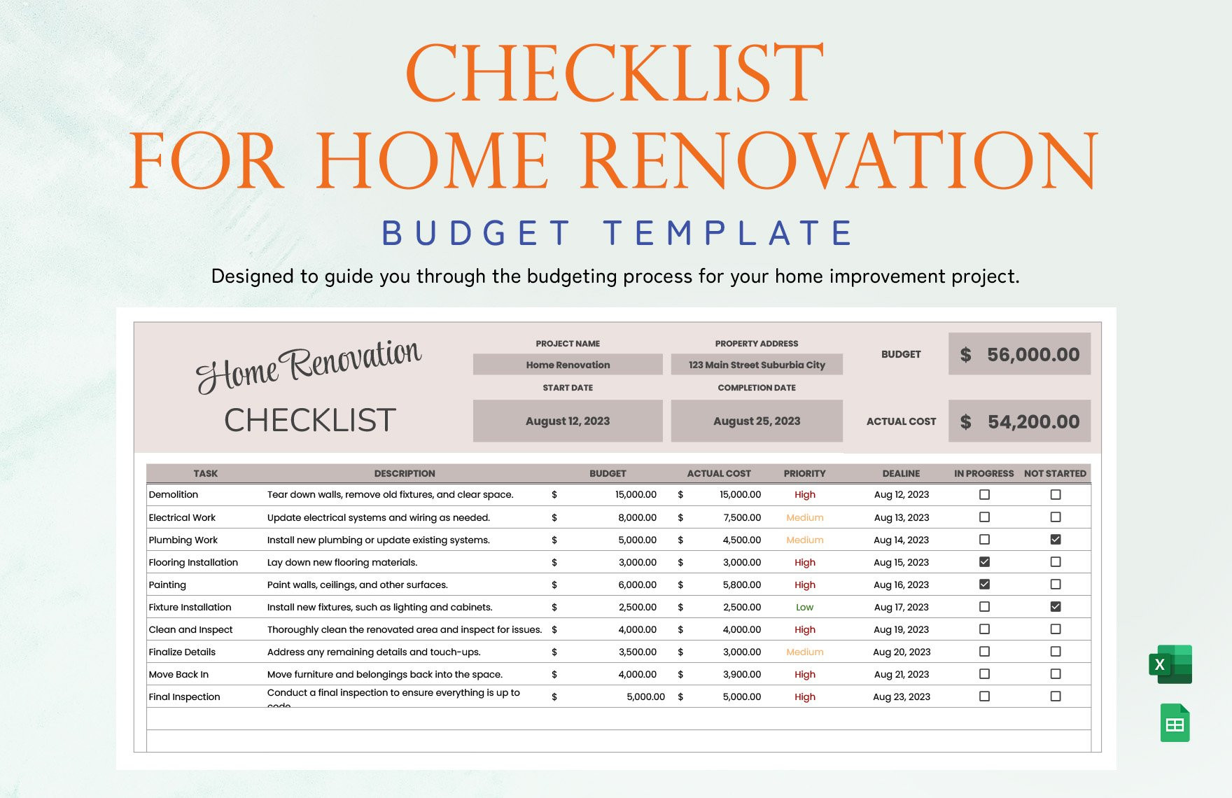 Checklist for Home Renovation Budget Template in Excel, Google Checklist for Home Renovation Budget Template in Excel, Google