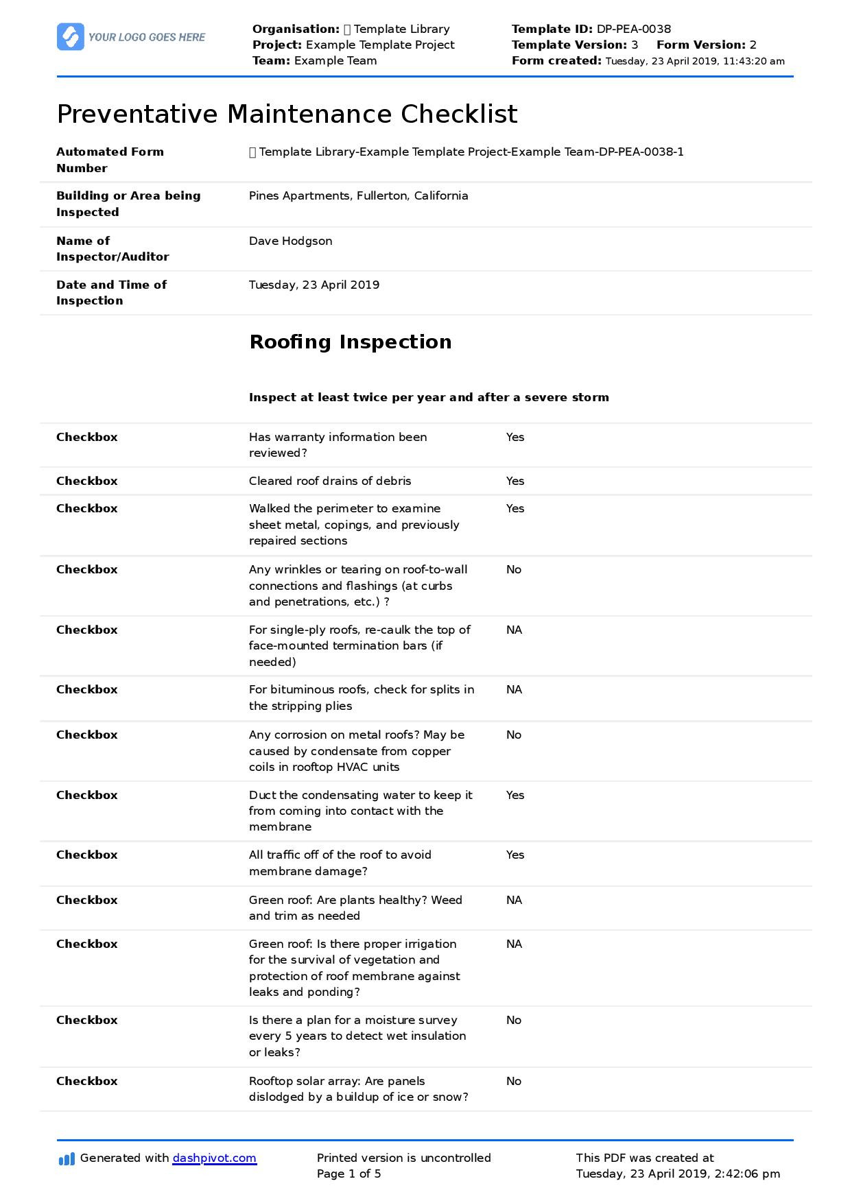 sample preventive maintenance checklist template sample preventive maintenance checklist template