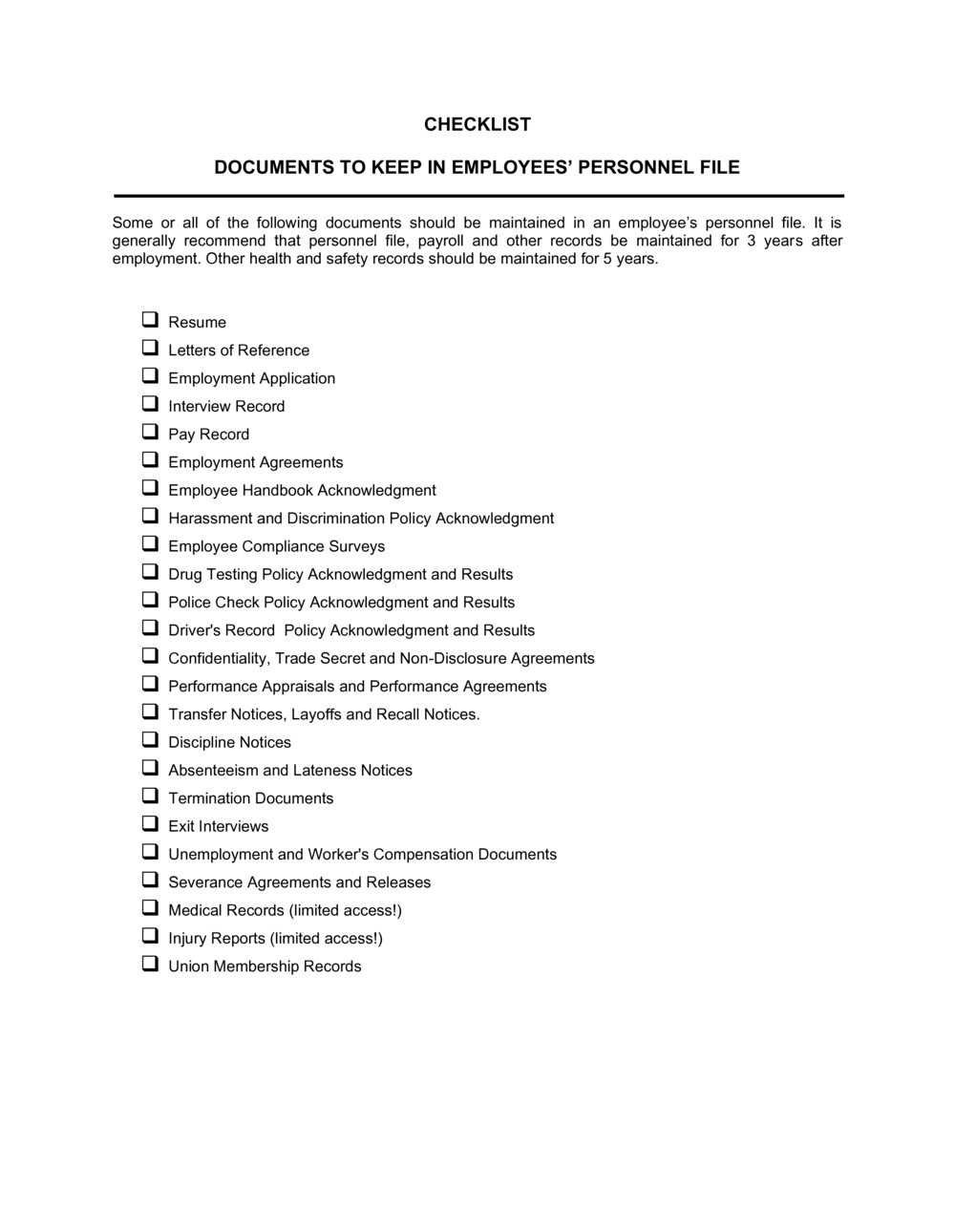 sample employee files checklist template sample employee files checklist template
