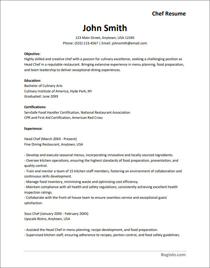chef resume template Printable chef resume template available in Word for easy editing