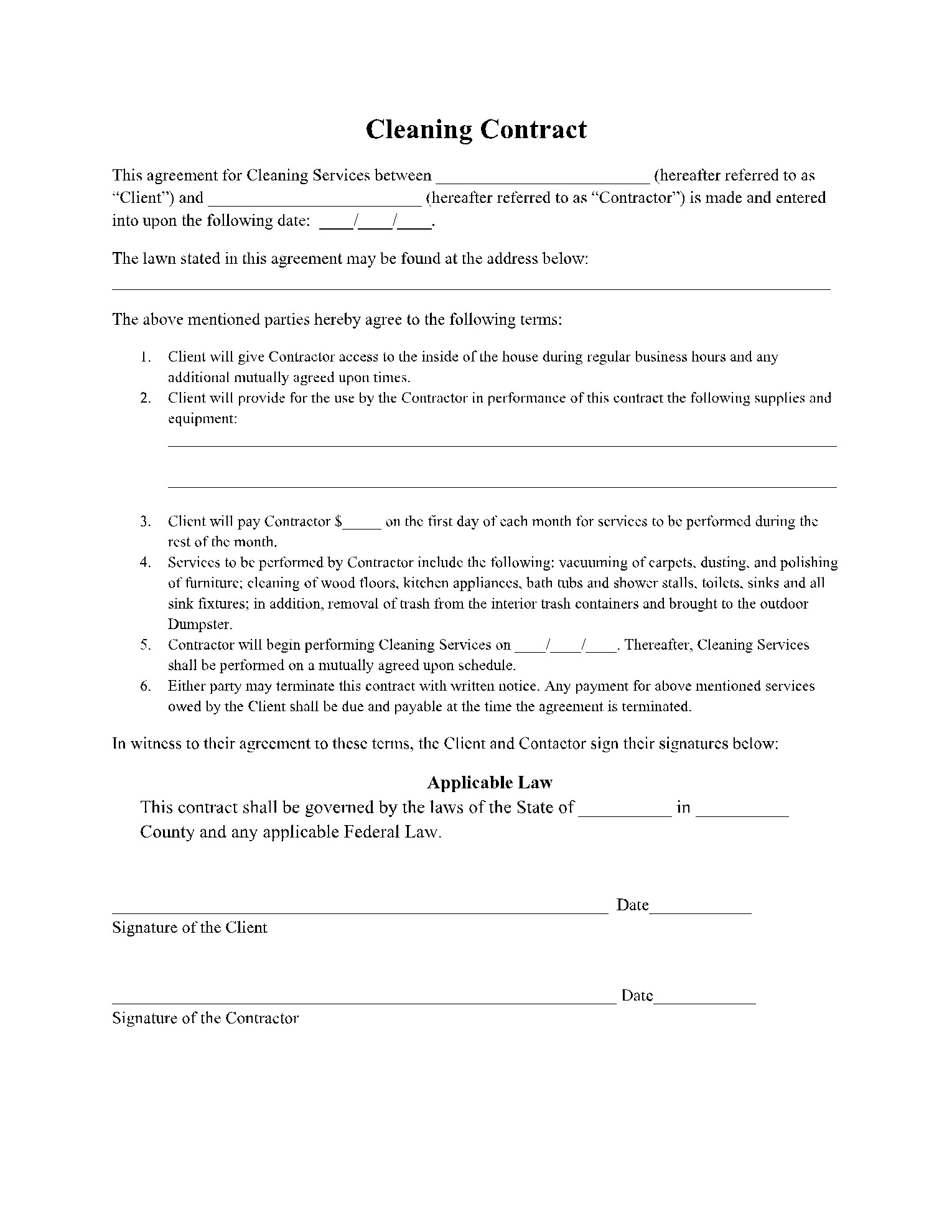 sample cleaning agreement template sample cleaning agreement template