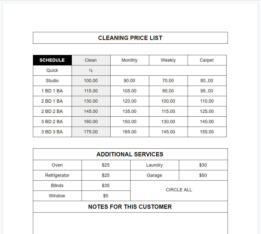 sample Commercial Cleaning Services Price List Template sample Commercial Cleaning Services Price List Template