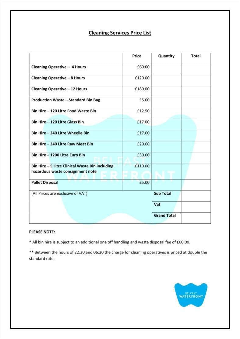 sample Commercial Cleaning Services Price List Template sample Commercial Cleaning Services Price List Template