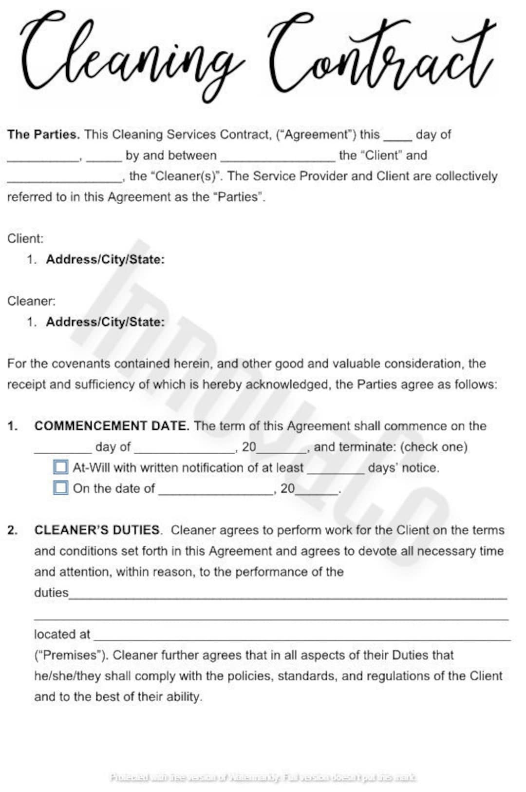sample cleaning agreement template sample cleaning agreement template