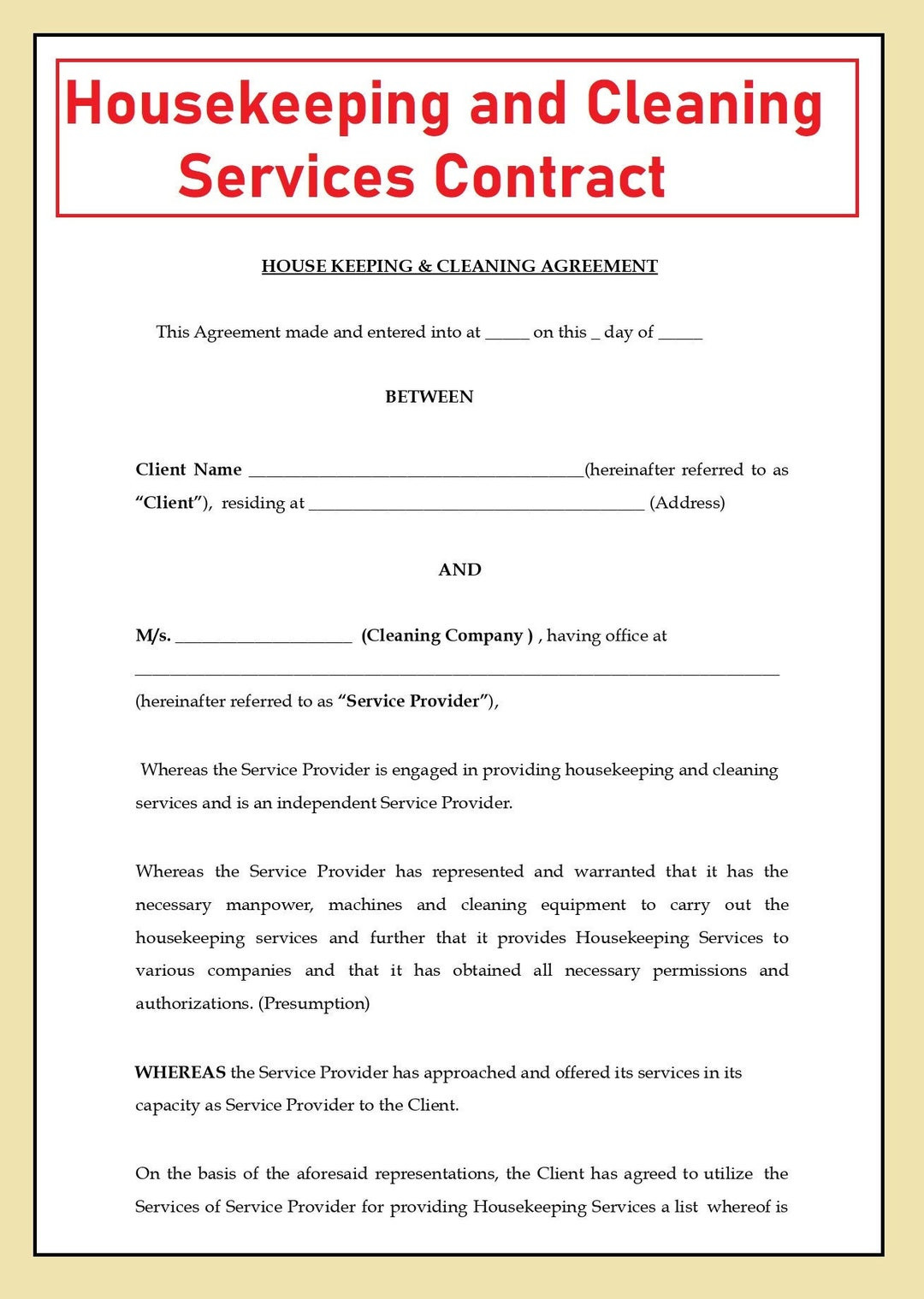 sample cleaning service agreement template sample cleaning service agreement template