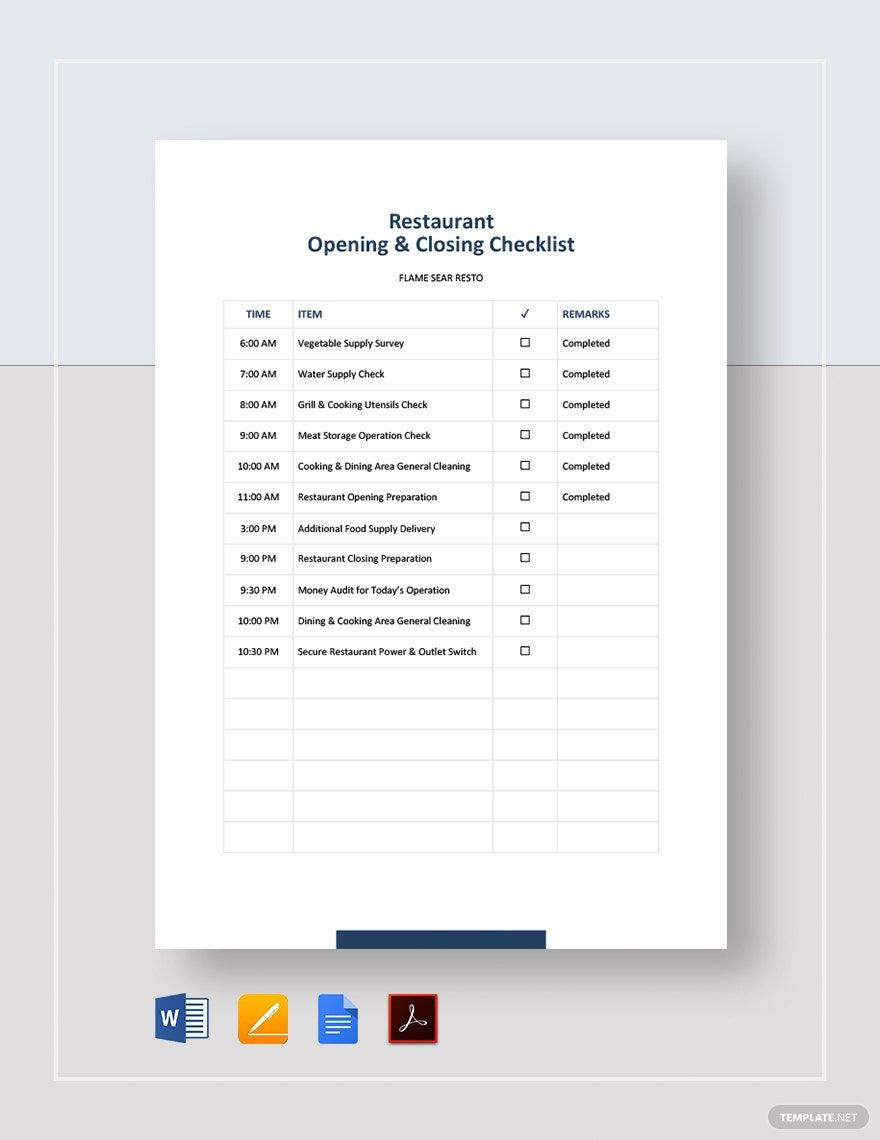 sample restaurant closing checklist template sample restaurant closing checklist template