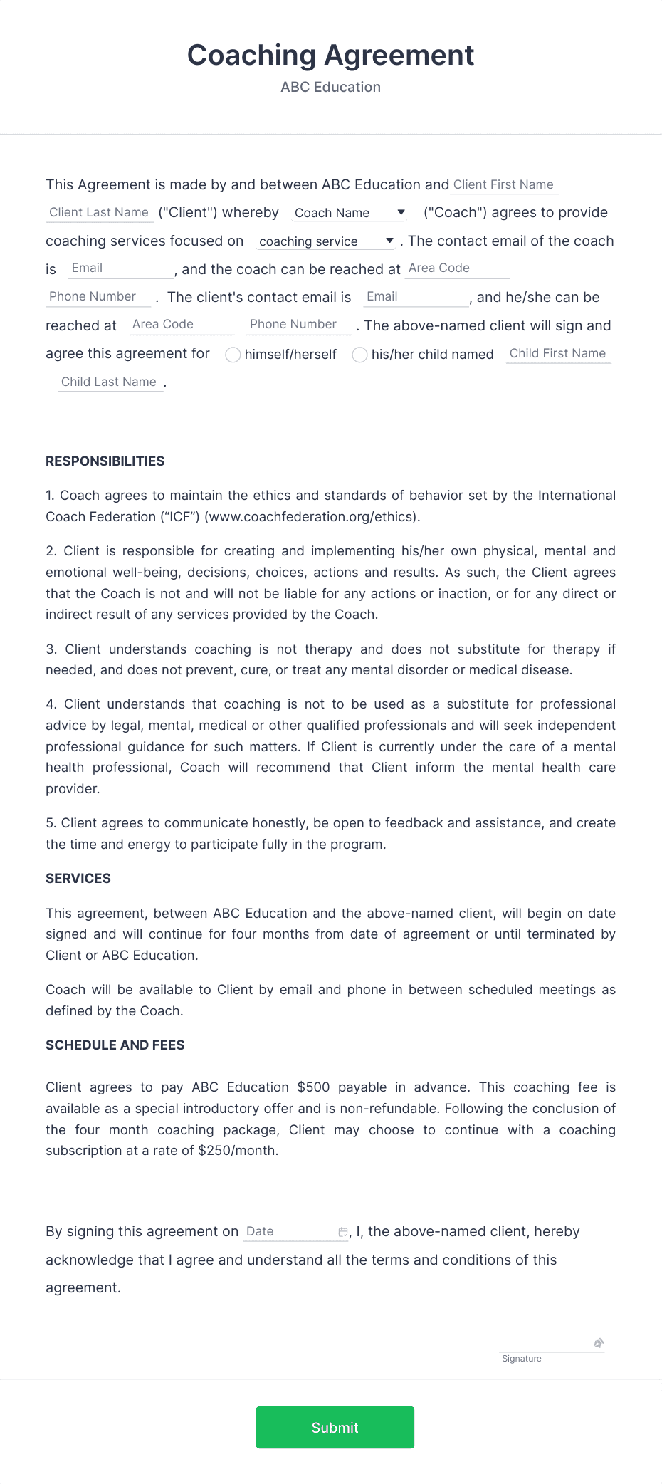 sample coaching agreement template sample coaching agreement template