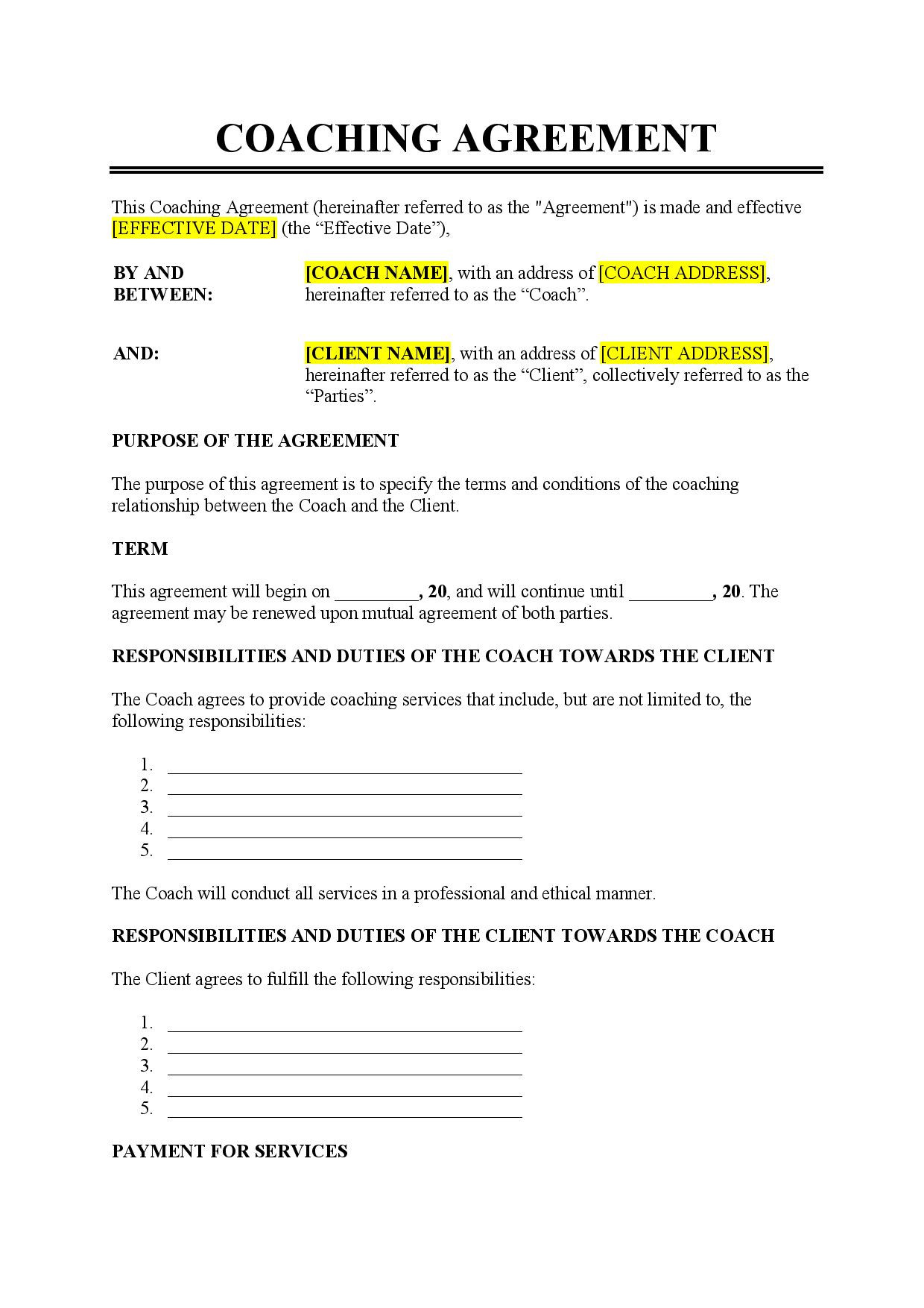 sample coaching agreement template sample coaching agreement template
