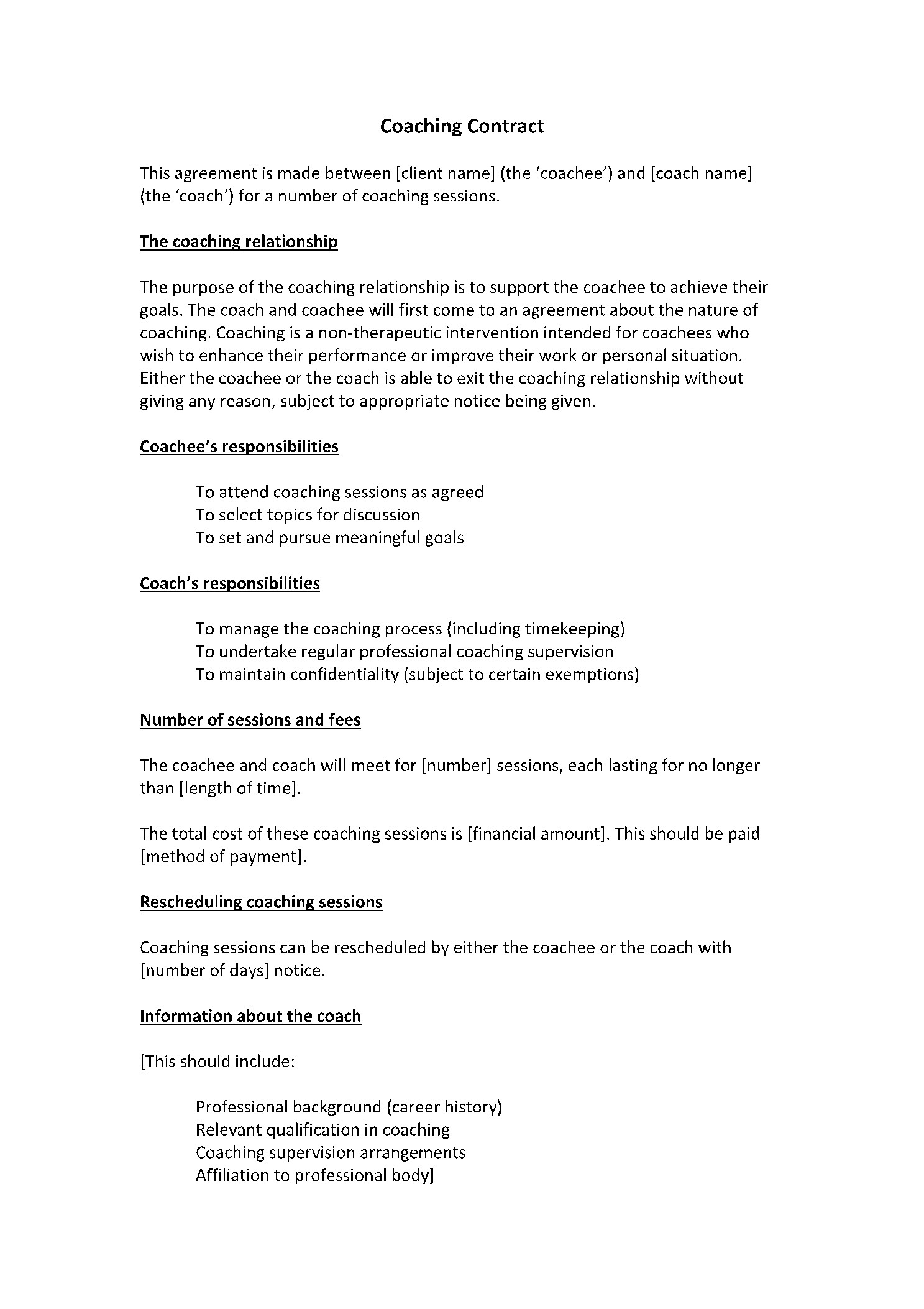 sample coaching agreement template sample coaching agreement template