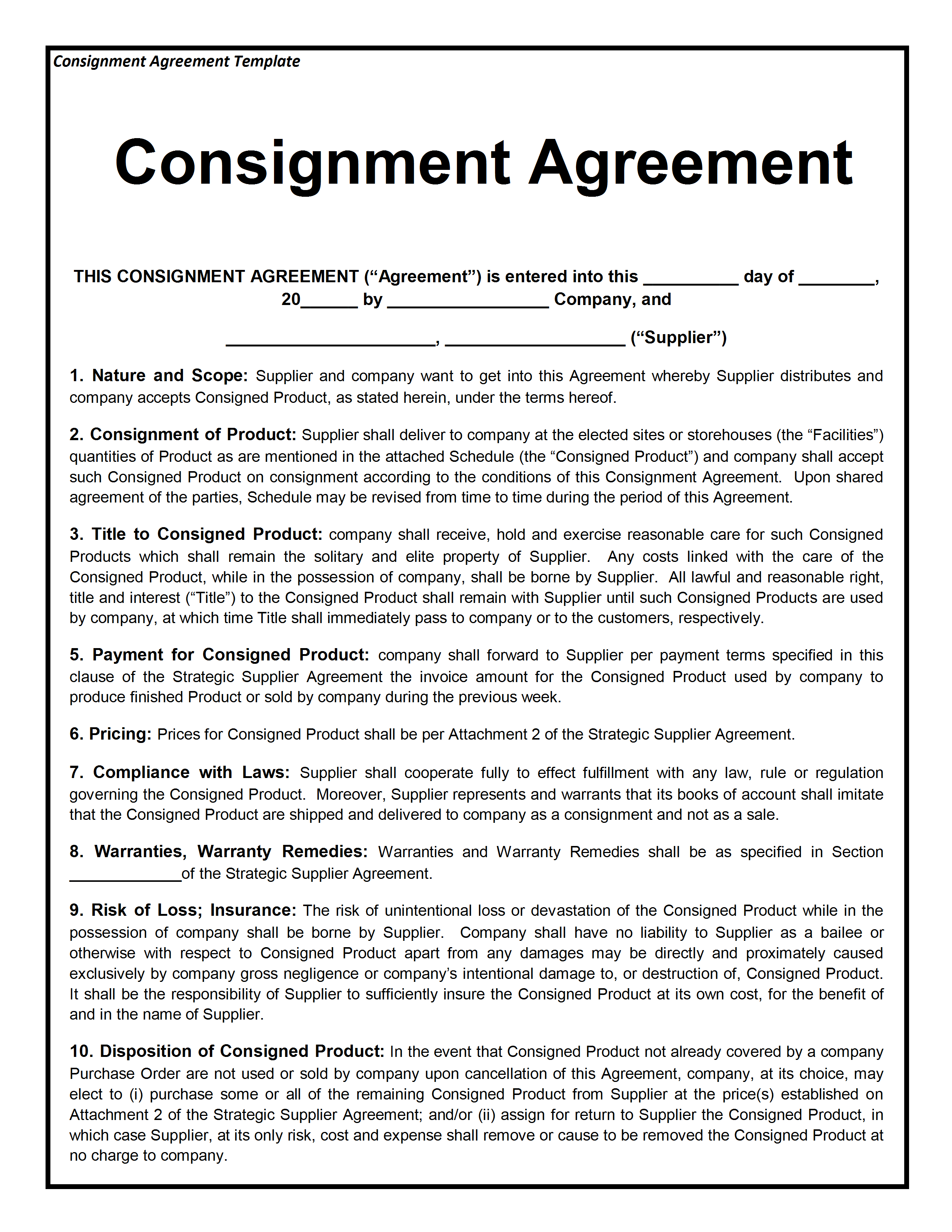 sample consignment agreement template sample consignment agreement template