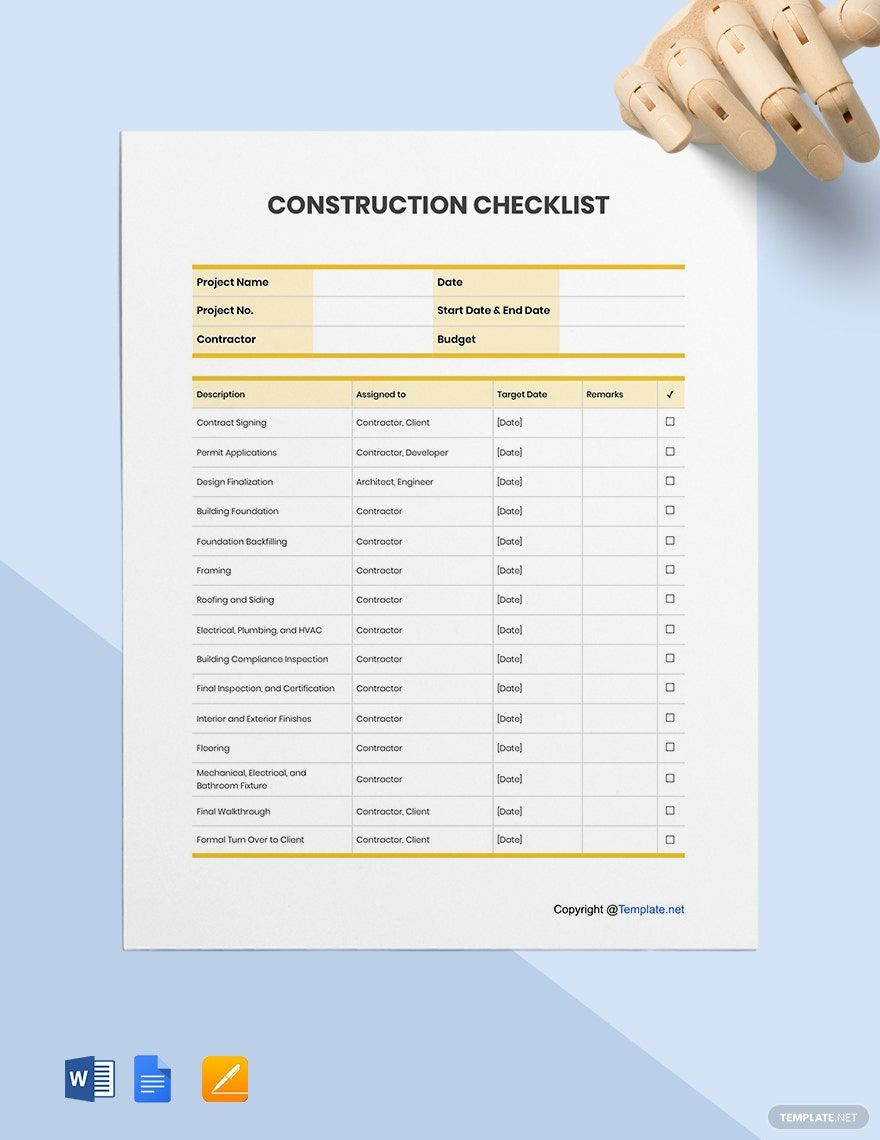 Construction Checklist Templates in Google Docs - Download in Word Construction Checklist Templates in Google Docs - Download in Word