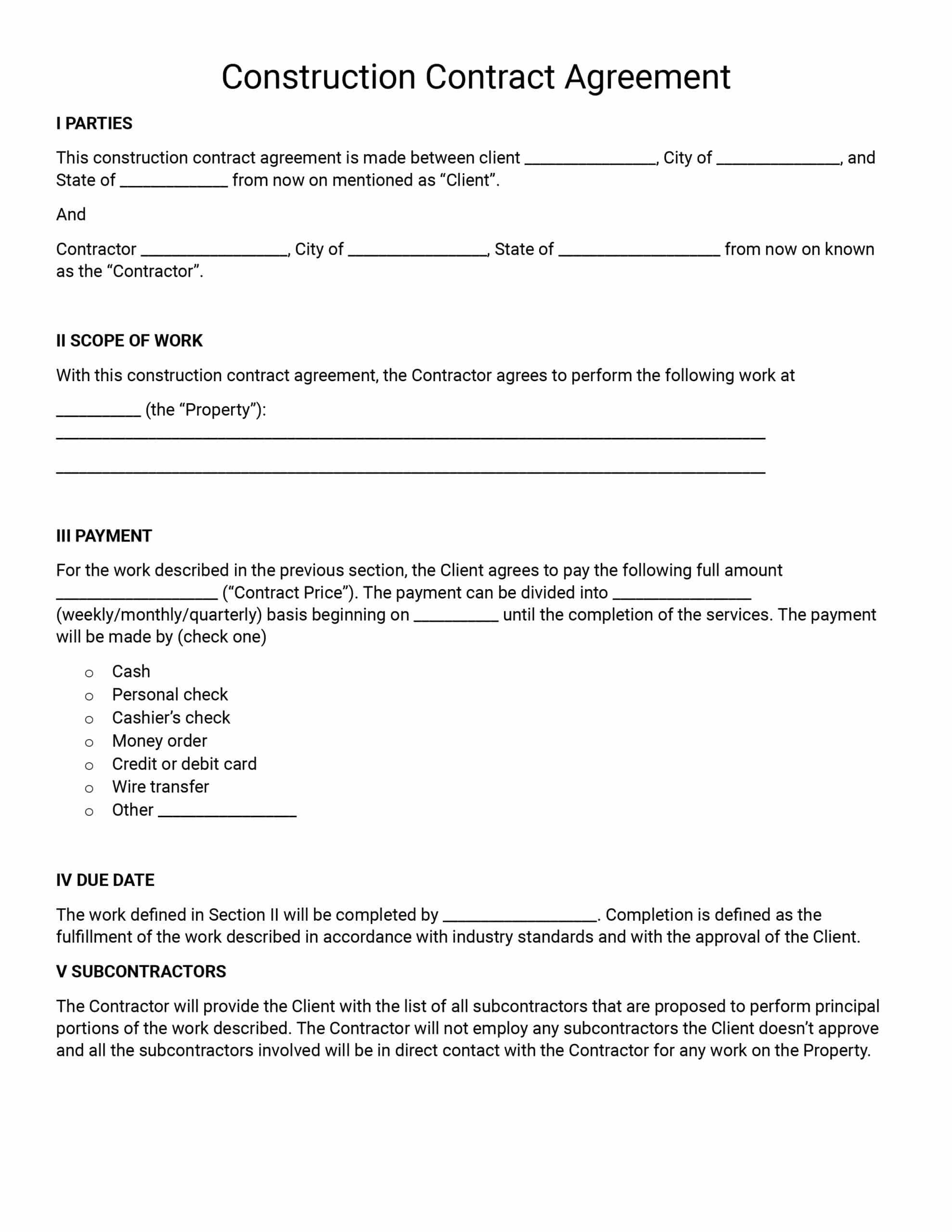 sample construction agreement template sample construction agreement template