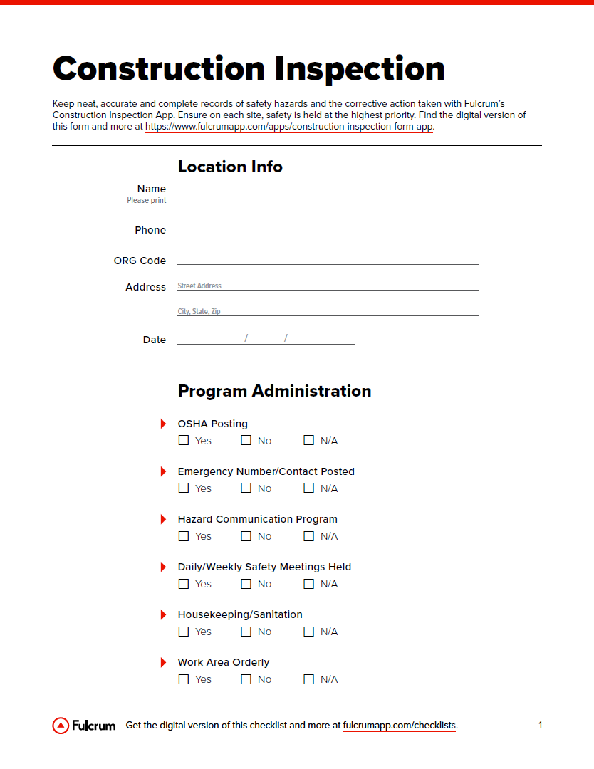 Construction Inspection Checklist Fulcrum Construction Inspection Checklist Fulcrum
