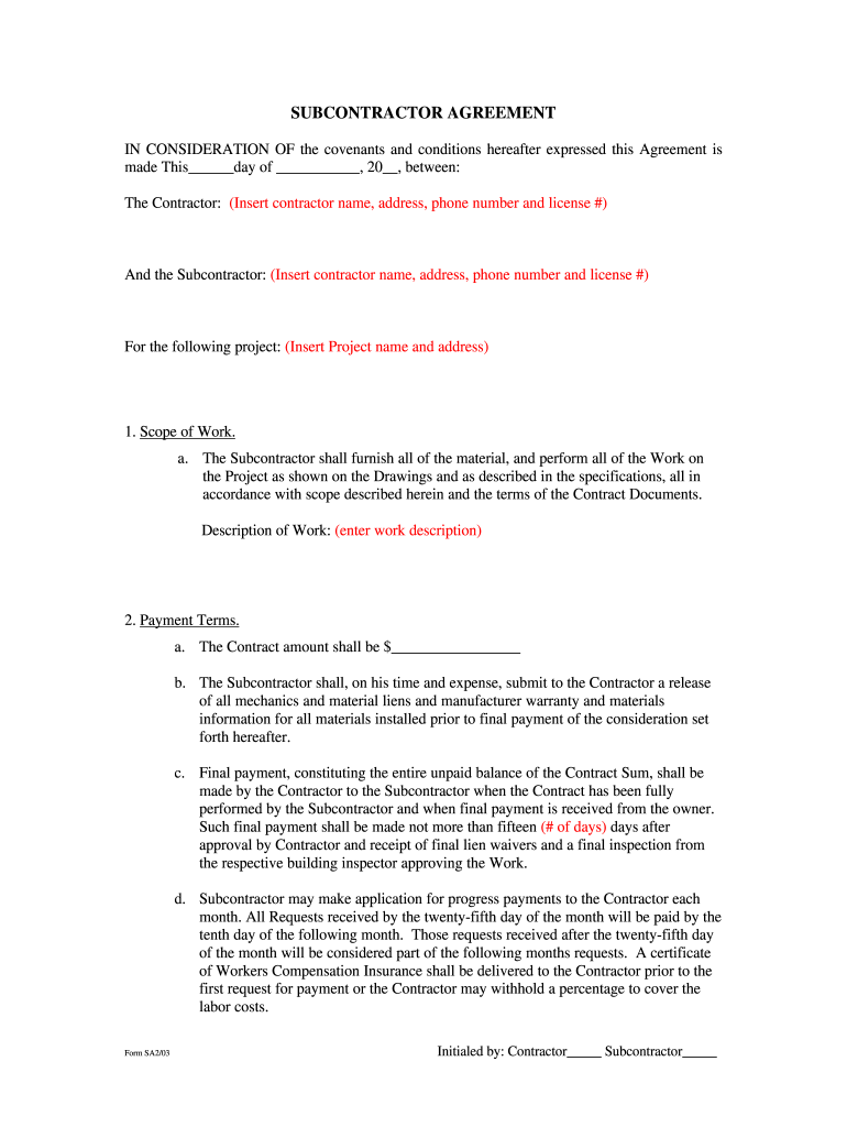 sample Sub Contractor Agreement Template sample Sub Contractor Agreement Template