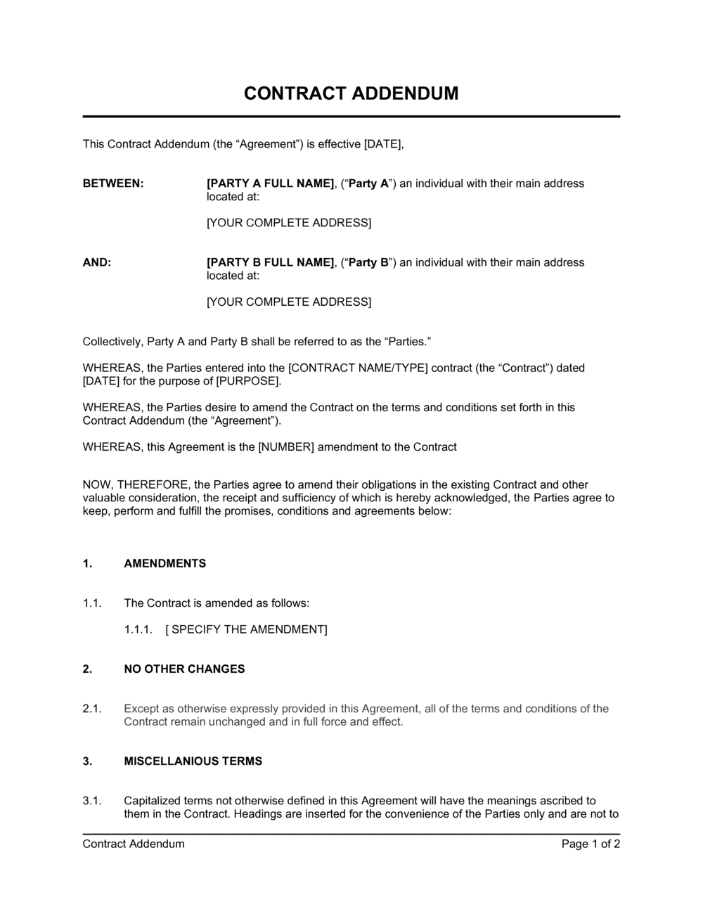 sample addendum agreement template sample addendum agreement template