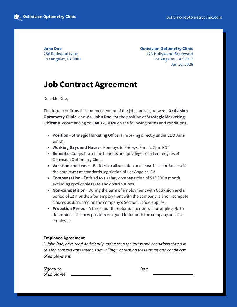 sample job agreement template sample job agreement template