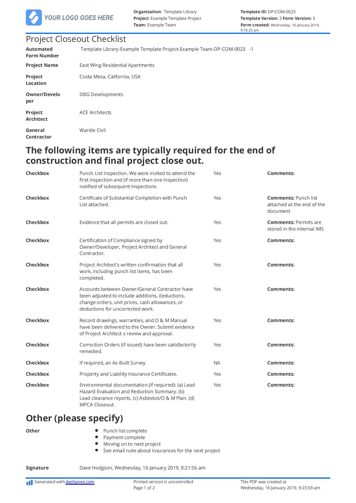 sample project closeout checklist template sample project closeout checklist template