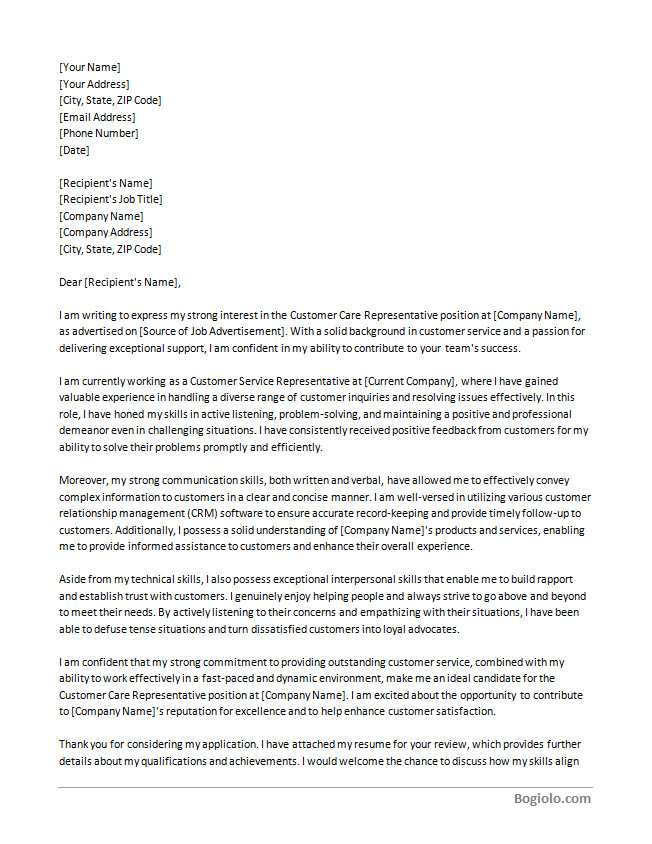 customer care representative cover letter template Downloadable customer care representative cover letter template available in Word for easy editing