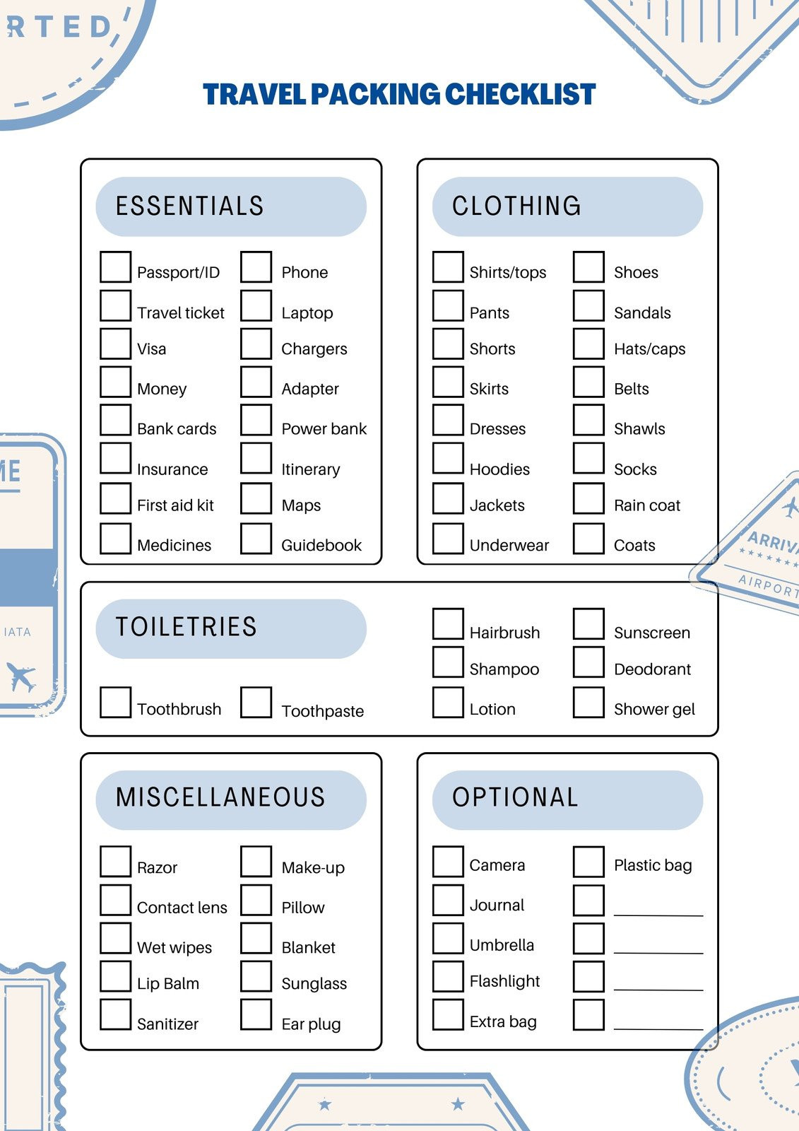 sample traveling checklist template sample traveling checklist template