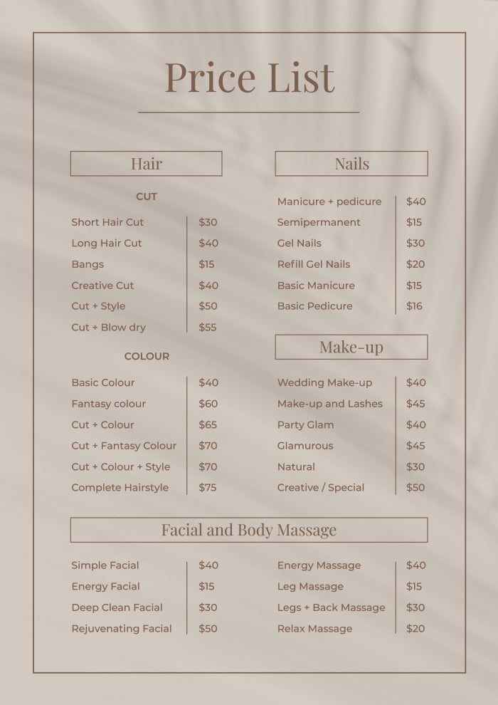 cute nail salon price list template Elevate your nail salon business with our stylish and user-friendly Price List Template. Effortlessly showcase your services and pricing, ensuring clarity for clients. Click now to download this customizable template and transform your nail salon's pricing strategy with professionalism and visual appeal.