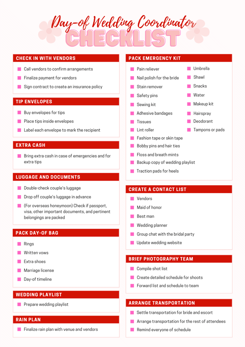 Day Of Wedding Coordinator Checklist: A Complete A-Z List Day Of Wedding Coordinator Checklist: A Complete A-Z List