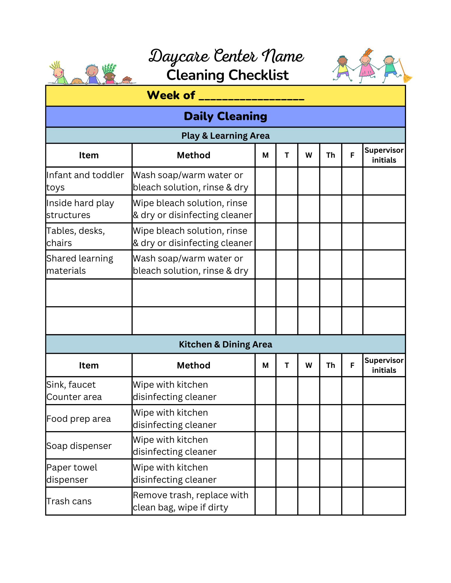 sample daycare cleaning checklist template sample daycare cleaning checklist template