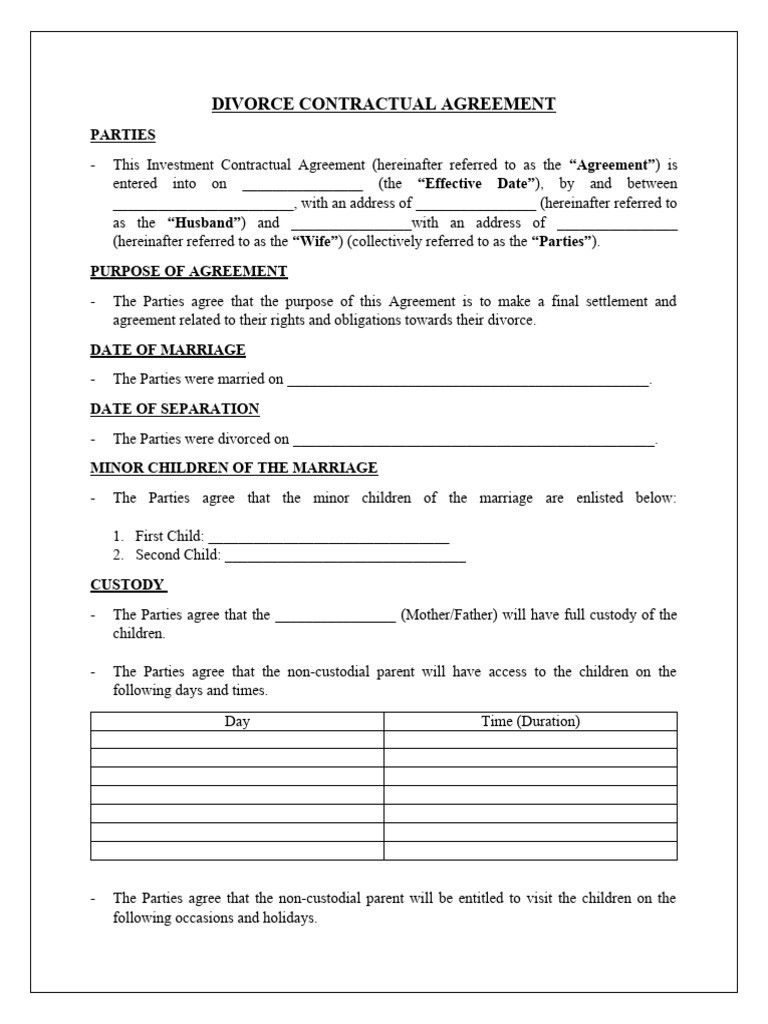 sample divorce agreement template sample divorce agreement template
