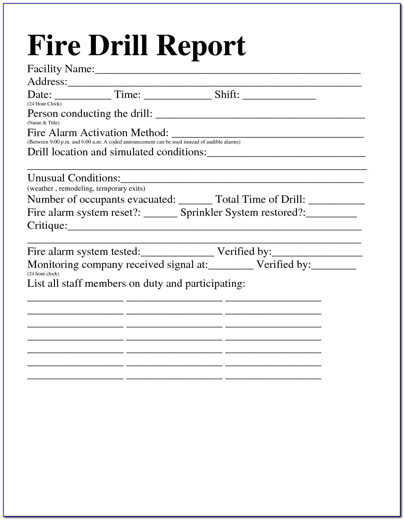 employee fire drill checklist template