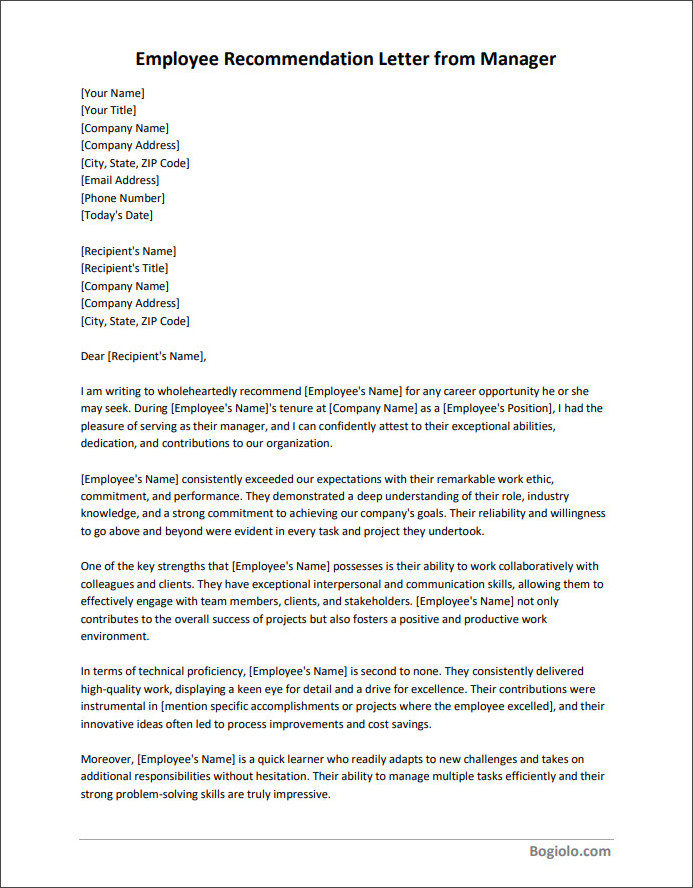 Printable employee recommendation letter from manager template available in Word for easy editing