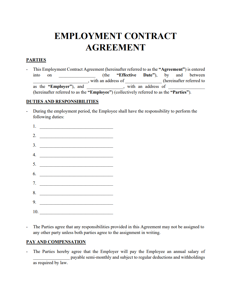 sample employment agreement template sample employment agreement template